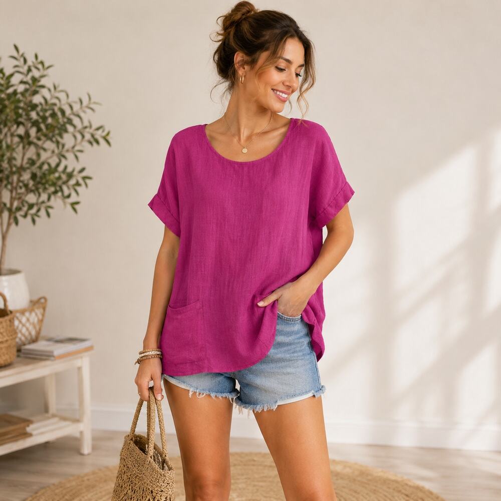 Francesca Bettini 100% Linen Top Women's Size L Lagenlook Pink Coastal Casual
